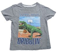 Šedé melírované tričko s nápisy a dinosaurem zn. H&M