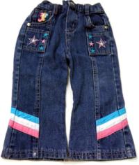 Modré riflové kalhoty s hvězdičkami a nápisem 