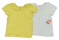 2x Žluté tričko s límečkem s madeirou + Bílé tričko s límečkem s madeirou zn. Matalan