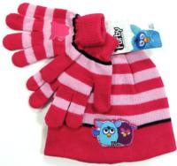 Nové - 2set - Růžovo-světlerůžová pruhovaná čepička+rukavičky s Furby 