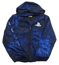 Černo-tmavomodro-modrá batikovaná šusťáková jarní bunda s logem - PlayStation a odepínací kapucí zn. H&M