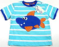 Outlet - Tyrkysové tričko s rybičkou a proužky zn. Minoti 