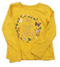 Žluté triko s listy, motýlky a nápisem zn. Primark