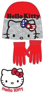 Nové - 2set - Červeno-šedá čepička s Kitty+rukavičky zn. Sanrio