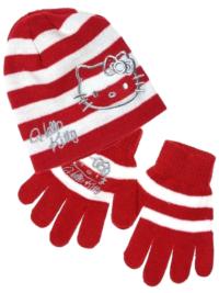 Nové - 2set - Červeno-bílá pruhovaná čepička+rukavičky s Kitty zn. Sanrio