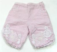 Růžovo-bílé kostkované krepové kalhoty s kytičkami 