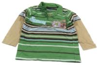 Zeleno-béžovo-hnědo-modré pruhované triko s nášivkami a límečkem zn. TU 