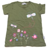 Khaki tričko s vážkami a kytičkami 