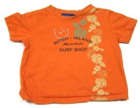 Oranžové tričko s kytičkami a nápisy
