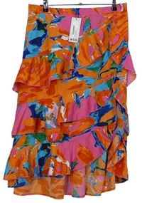 Dámská oranžovo-růžovo-modrá vzorovaná midi sukně s volánky zn. Boohoo 