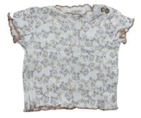 Bílo-starorůžové žebrované tričko s kytičkami a kapsou zn. Topomini