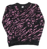 Šedo-růžový třpytivý chlupatý svetr s leopardím vzorem zn. Tu
