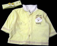 SET: Žlutý sametový propínací oteplený kabátek s medvídkem zn. New baby + čelenka
