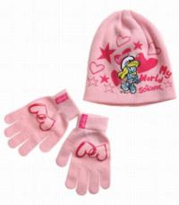 Nové - 2set - Růžová čepička+rukavičky se Šmoulinkou