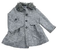 Šedo-bílý melírovaný podšitý kabát s flitry a kožešinovým límečkem zn. F&F