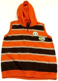 Hnědo-oranžová pruhovaná propínací svetrová vesta s nášivkami a kapucí zn. Next