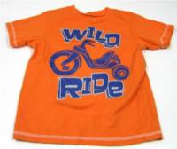 Oranžové tričko s nápisem a motorkou zn. Garanimals