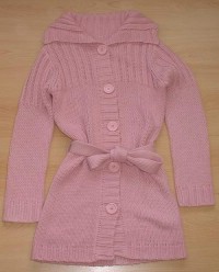 Růžový propínací svetřík/kabátek s páskem a límečkem vel. 13 let