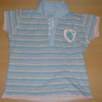 Modro- růžové pruhované tričko s límečkem a potiskem vel. 11-12 let
