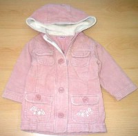 Růžový manžestrový zateplený kabátek s kytičkami a kapucí zn. Bhs
