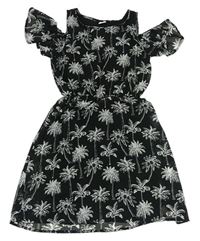 Černo-bílé šifonové šaty s palmami a volnými rameny zn. page one young