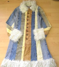 Modro- žlutý riflovo- manžestrový kabátek s kožíškem vel. 10-11 let