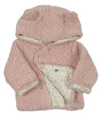 Růžová huňatá podšitá bunda s kapucí s oušky zn. Tu
