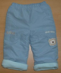 Světlemodré šusťákové zateplené kalhoty s obrázkem