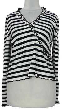 Dámské černo-bílé pruhované crop triko s volánkem zn. MNG 