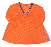 Neonově oranžová puntíkatá šifonová tunika s flitry zn. X-Mail