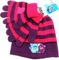 Nové - 2set - Fialovo-růžová pruhovaná čepička+rukavičky s Furby 
