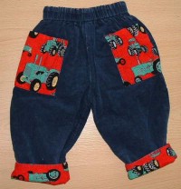Tmavomodro-červené oboustrané kalhoty s traktory