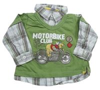 Tmavozelené triko s Pú a motorkou a všitou kostkovanou košilí zn. C&A
