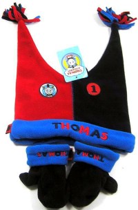 Outlet - 2set - Modro-červená fleecová čepička s Thomasem + rukavičky