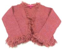 Růžový pletený svetr s třásněmi a třpytkami 
