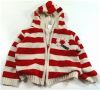 Červeno-bílý pruhovaný oteplený propínací svetr s kytičkou zn. Baby