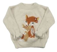 Pudrový chlupatý svetr s liškami zn. C&A
