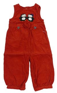Červené manšestrové laclové kalhoty s tučňáčky zn. GYMBOREE.
