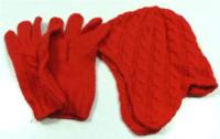 Set - Červená pletená čepička + rukavičky zn. Marks&Spencer vel. 6/8 let