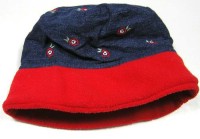 Modro-červený riflovo/fleecový oteplený klobouček s kytičkami zn.Mothercare