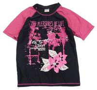 Černo-růžové UV tričko s nápisy a kytičkami zn. Pocopiano