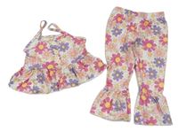 2 set - Bílo-barevný crop top + květované kalhoty zn. Shein