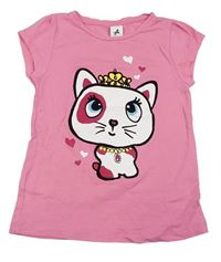 Růžové tričko s kočičkou a srdíčky zn. C&A
