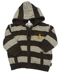 Hnědo-béžový pruhovaný propínací svetr s Tygrem a kapucí zn. H&M
