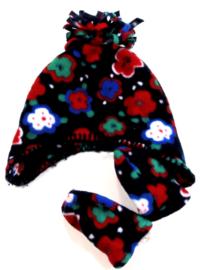 Set- Tmavomodrá fleecová čepička s kytičkami + rukavičky zn. St. Bernard 