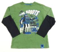 Zeleno-tmavomodré triko s nápisem a robotem 