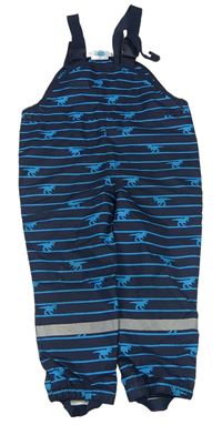 Tmavomodro-modré pruhované šusťákové laclové podšité kalhoty s dinosaury zn. Topolino