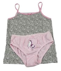 2set-Šedá košilka s jednorožci + Růžové kalhotky s koníkem zn. Primark