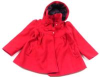 Červený flaušový podzimní kabátek s mašličkami a kapucí a límečkem zn. F&F