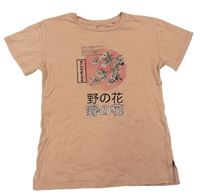 Starorůžové oversize tričko s květy a japonským nápisem zn. Next